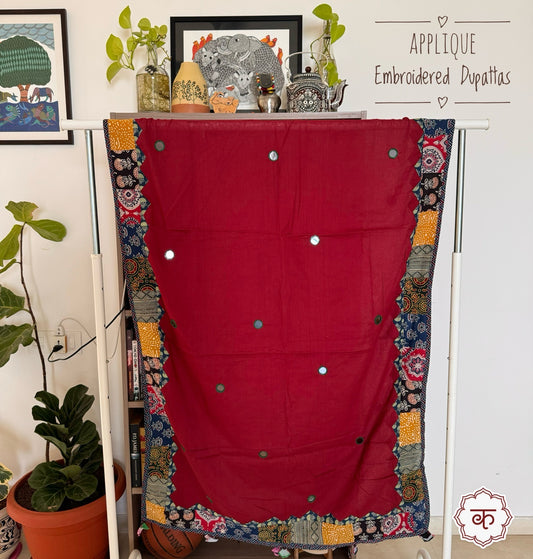 Ajrakh Applique & Kantha Embroidered Dupatta ~ Deep Red