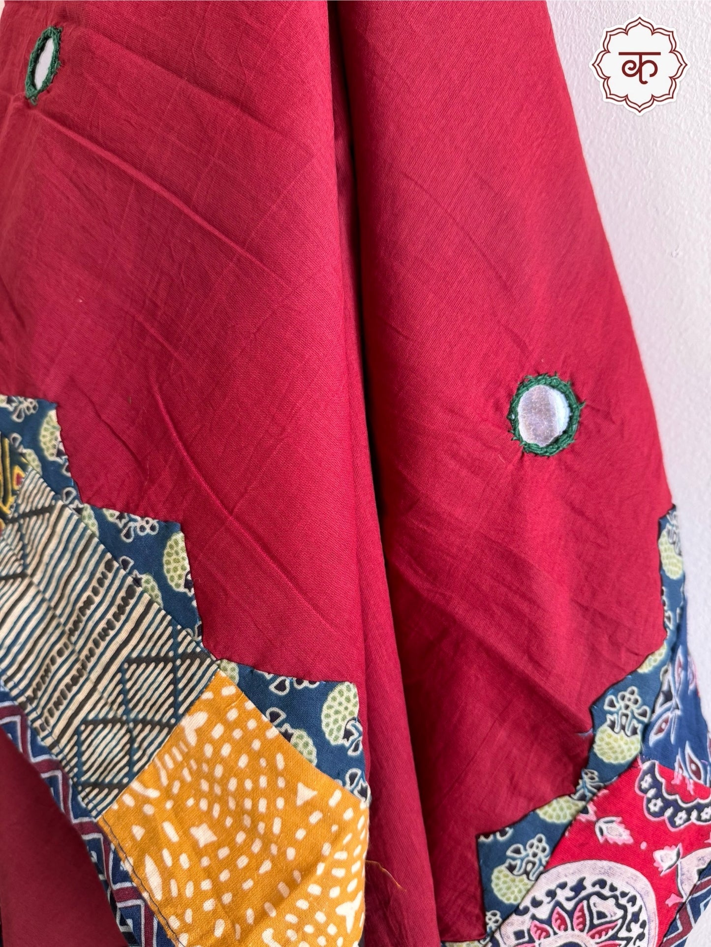 Ajrakh Applique & Kantha Embroidered Dupatta ~ Deep Red