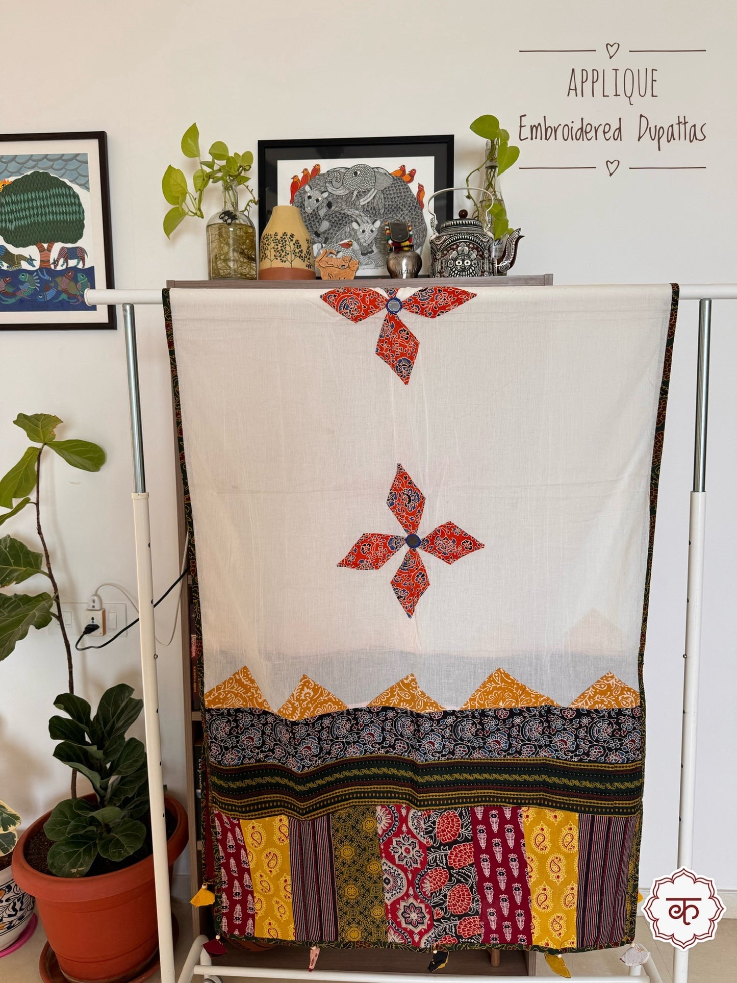 Ajrakh Applique & Kantha Embroidered Cotton Dupatta ~ White