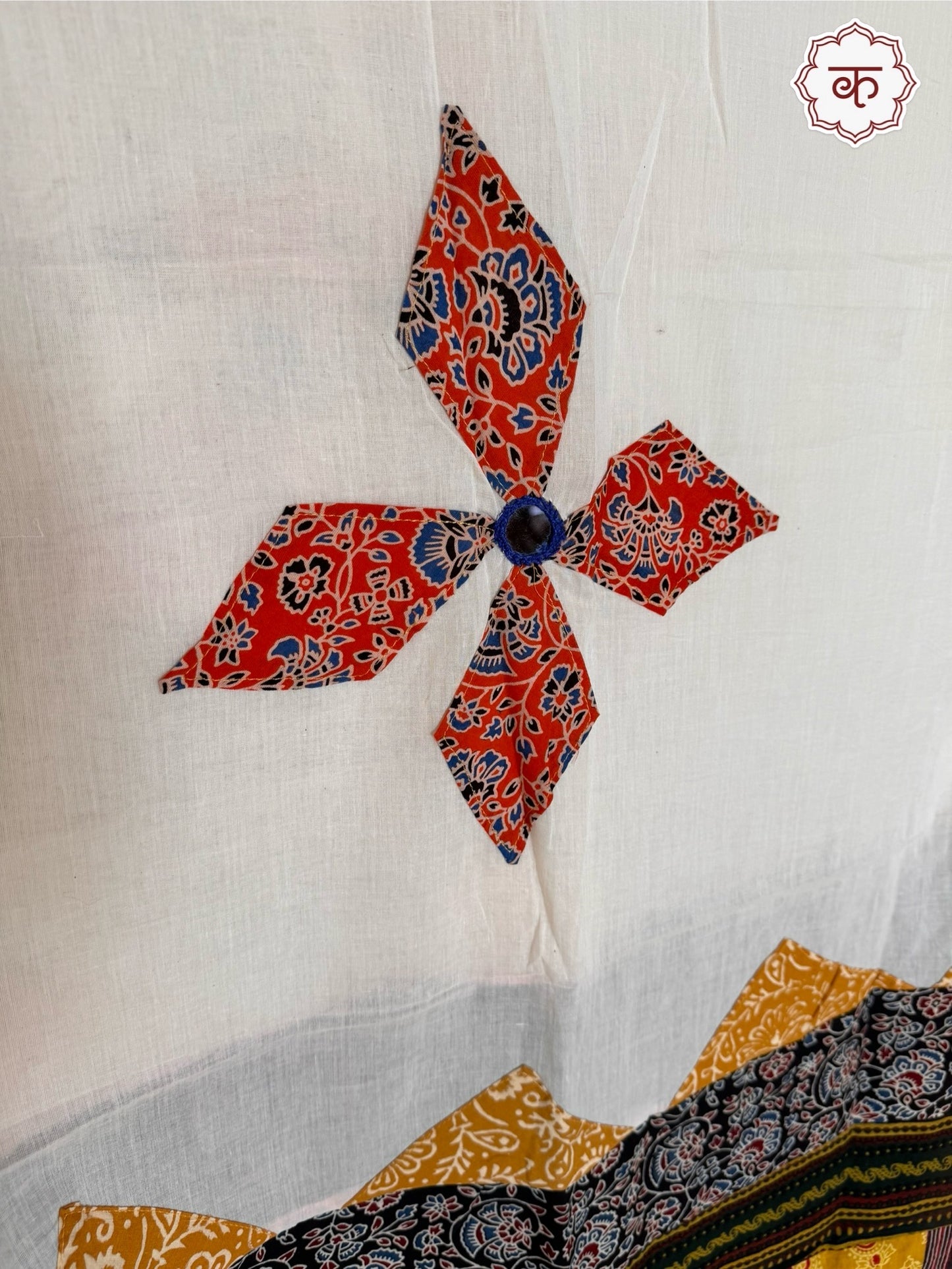 Ajrakh Applique & Kantha Embroidered Cotton Dupatta ~ White