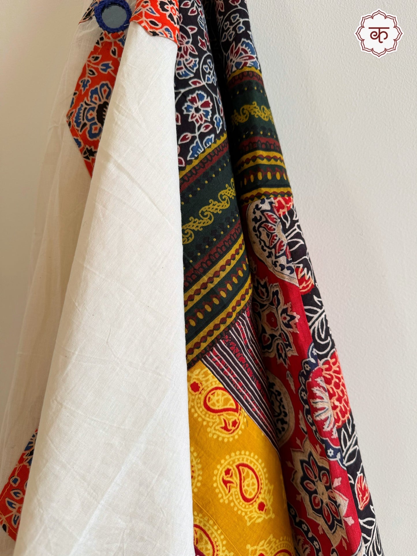 Ajrakh Applique & Kantha Embroidered Cotton Dupatta ~ White