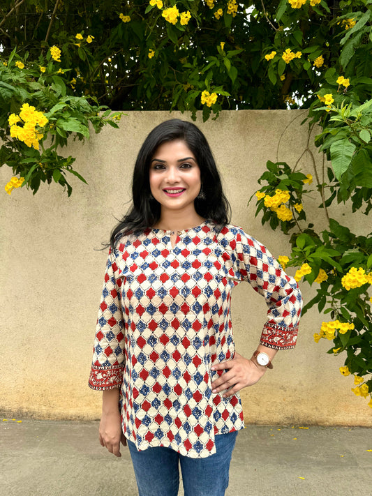 Iris Bloom - Blue & Maroon Chequered Kurti