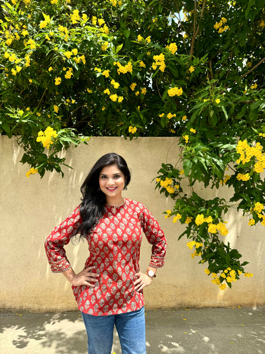 Dahlia - Deep Red Sanganeri Kurti