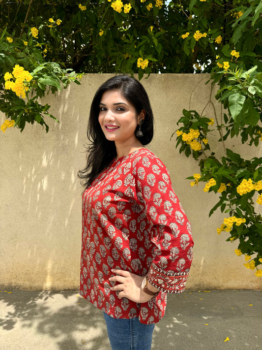 Dahlia - Deep Red Sanganeri Kurti
