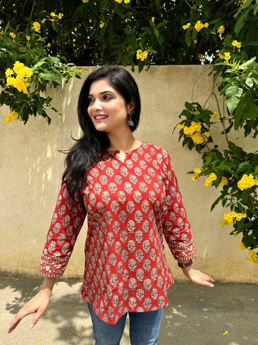 Dahlia - Deep Red Sanganeri Kurti