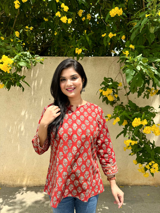 Dahlia - Deep Red Sanganeri Kurti