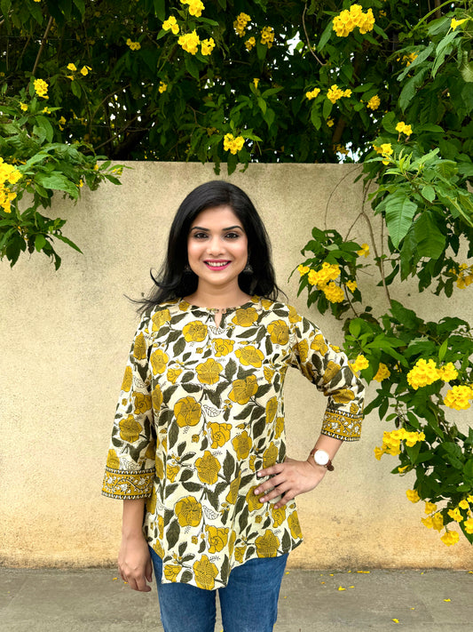 Hibiscus - Olive Green Handblock Kurti