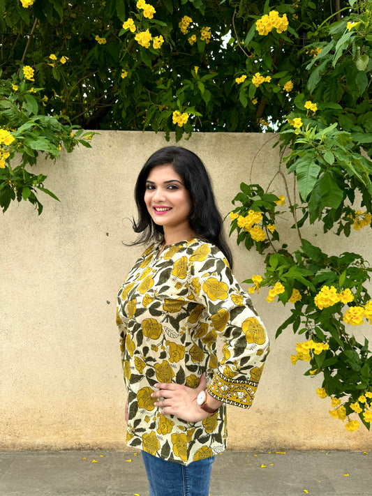 Hibiscus - Olive Green Handblock Kurti