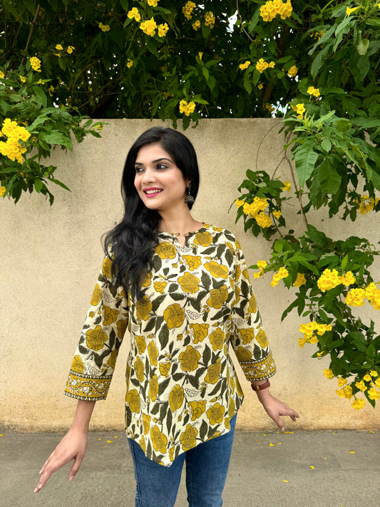 Hibiscus - Olive Green Handblock Kurti
