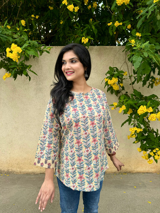 Morning Glory - Pastel Cream Handblock Kurti
