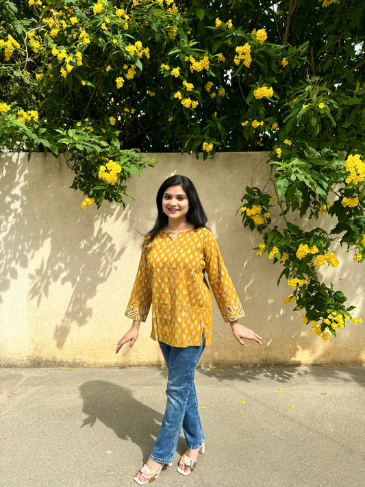 Motif Shower - Mustard Yellow Handblock Kurti