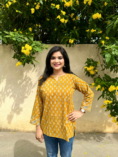 Motif Shower - Mustard Yellow Handblock Kurti