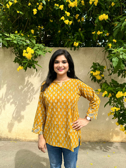 Motif Shower - Mustard Yellow Handblock Kurti
