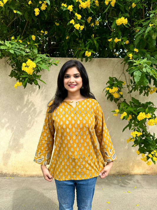 Motif Shower - Mustard Yellow Handblock Kurti