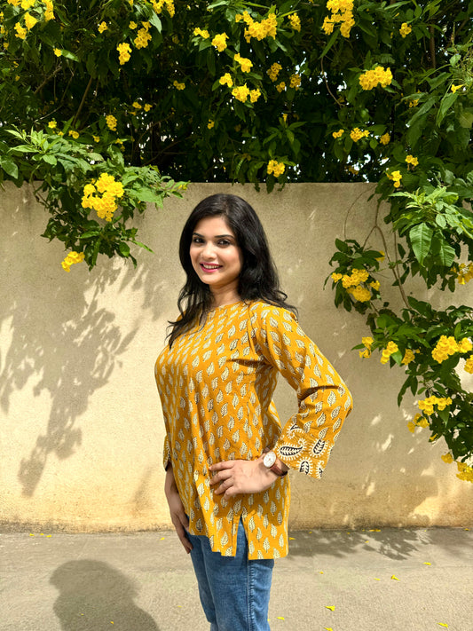 Motif Shower - Mustard Yellow Handblock Kurti
