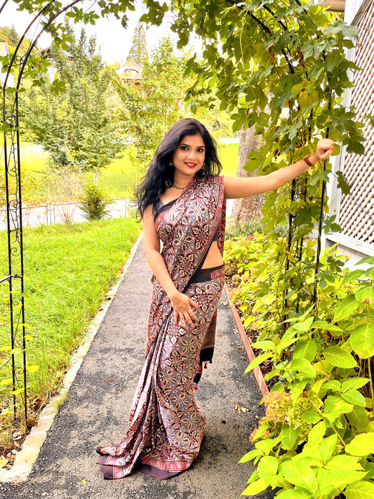 Modal Silk Ajrakh Saree - Maroon