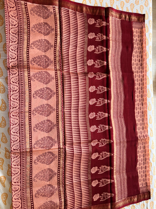 French Rose - Beige Maheshwari Saree