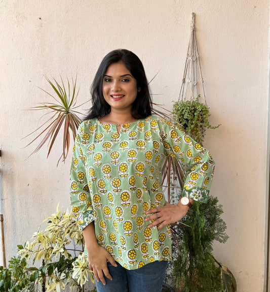 Sunflower - Mint Handblock Kurti