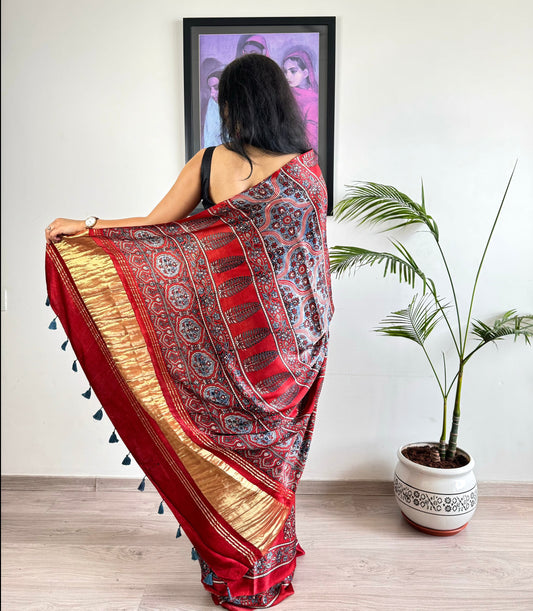 Modal Silk Ajrakh Saree with Zari - Brick Red