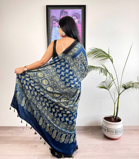 Modal Silk Ajrakh Saree - Blue