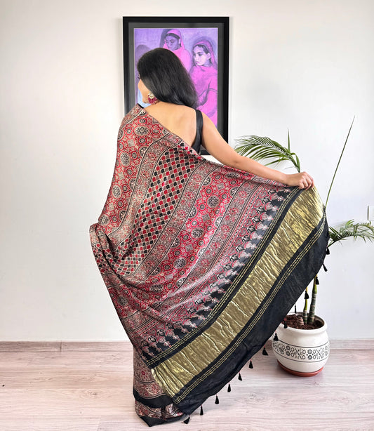 Modal Silk Ajrakh Saree with Zari - Beige Brown