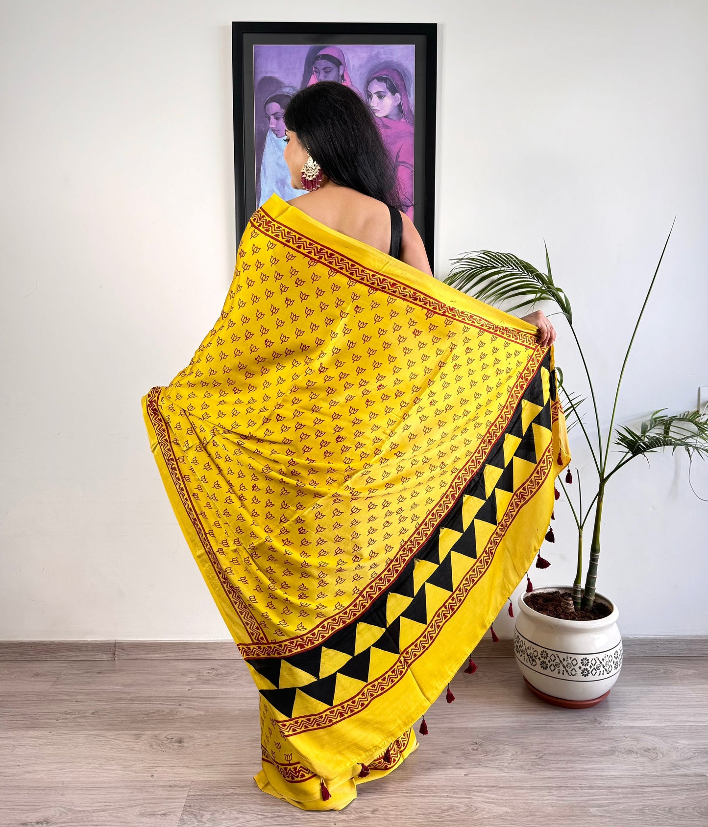 Modal Silk Ajrakh Saree - Turmeric yellow