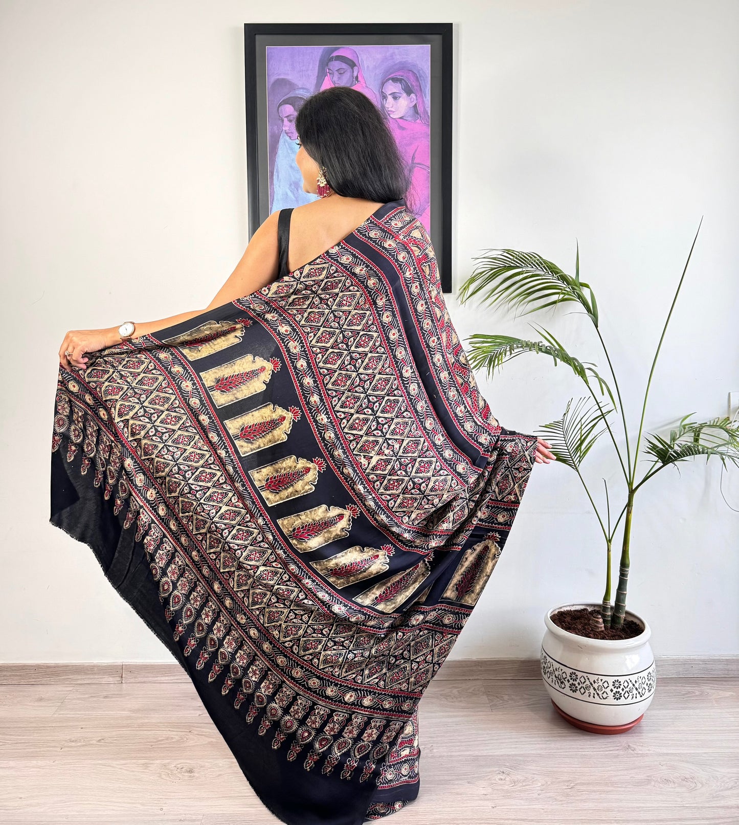 Modal Silk Ajrakh Saree - Black Grunge