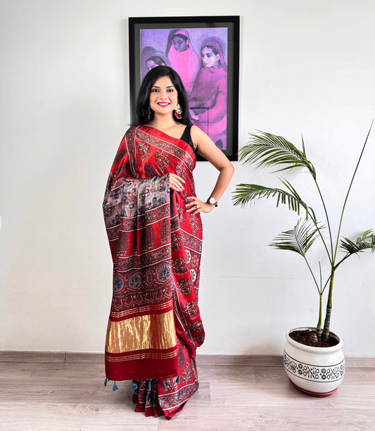 Modal Silk Ajrakh Saree with Zari - Brick Red