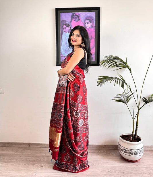 Modal Silk Ajrakh Saree with Zari - Brick Red