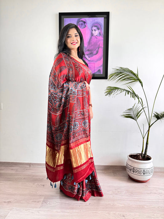 Modal Silk Ajrakh Saree with Zari - Brick Red