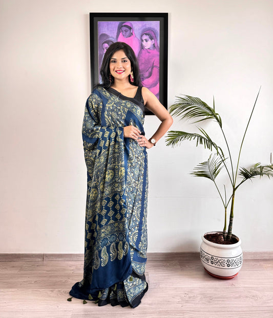 Modal Silk Ajrakh Saree - Blue