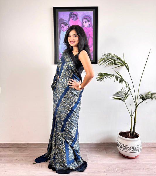 Modal Silk Ajrakh Saree - Blue