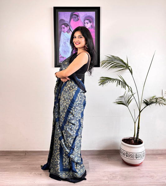 Modal Silk Ajrakh Saree - Blue