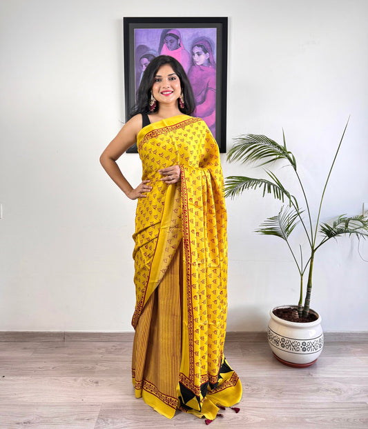 Modal Silk Ajrakh Saree - Turmeric yellow