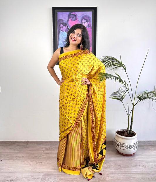Modal Silk Ajrakh Saree - Turmeric yellow