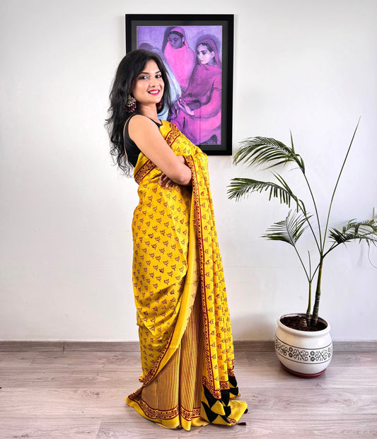 Modal Silk Ajrakh Saree - Turmeric yellow