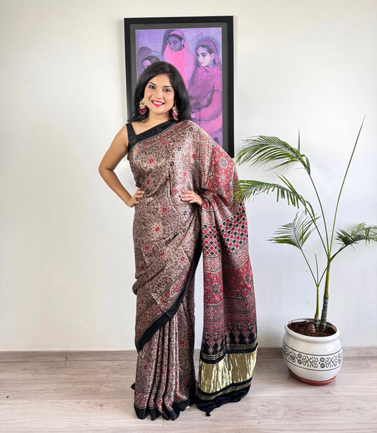 Modal Silk Ajrakh Saree with Zari - Beige Brown