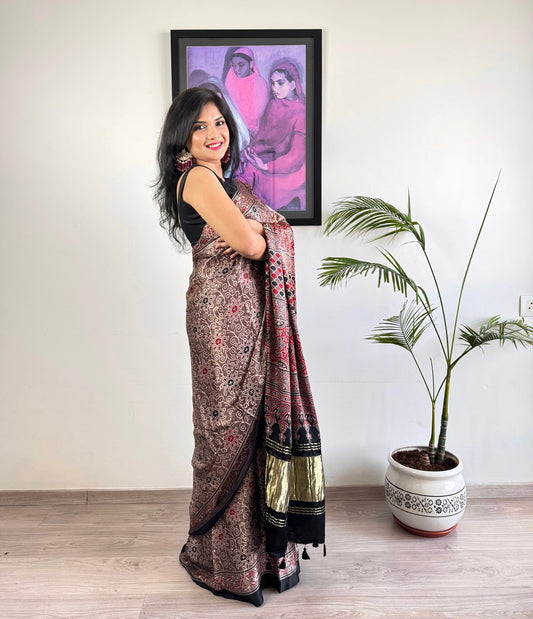 Modal Silk Ajrakh Saree with Zari - Beige Brown