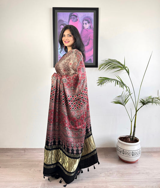 Modal Silk Ajrakh Saree with Zari - Beige Brown