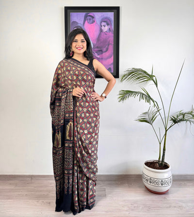 Modal Silk Ajrakh Saree - Black Grunge