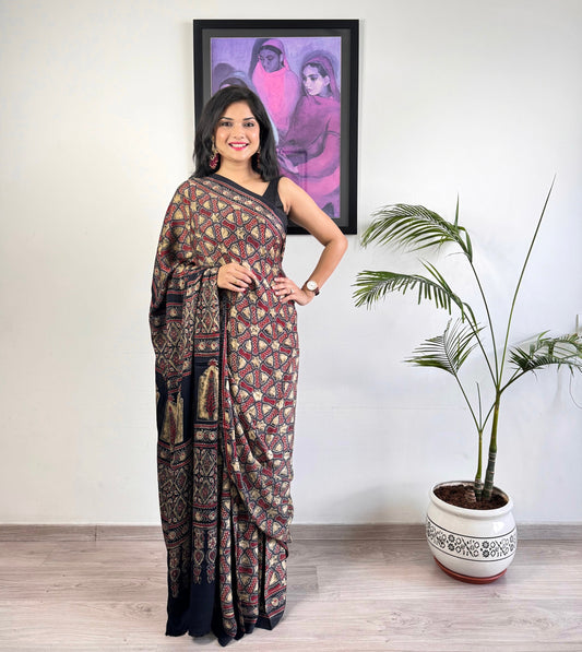 Modal Silk Ajrakh Saree - Black Grunge