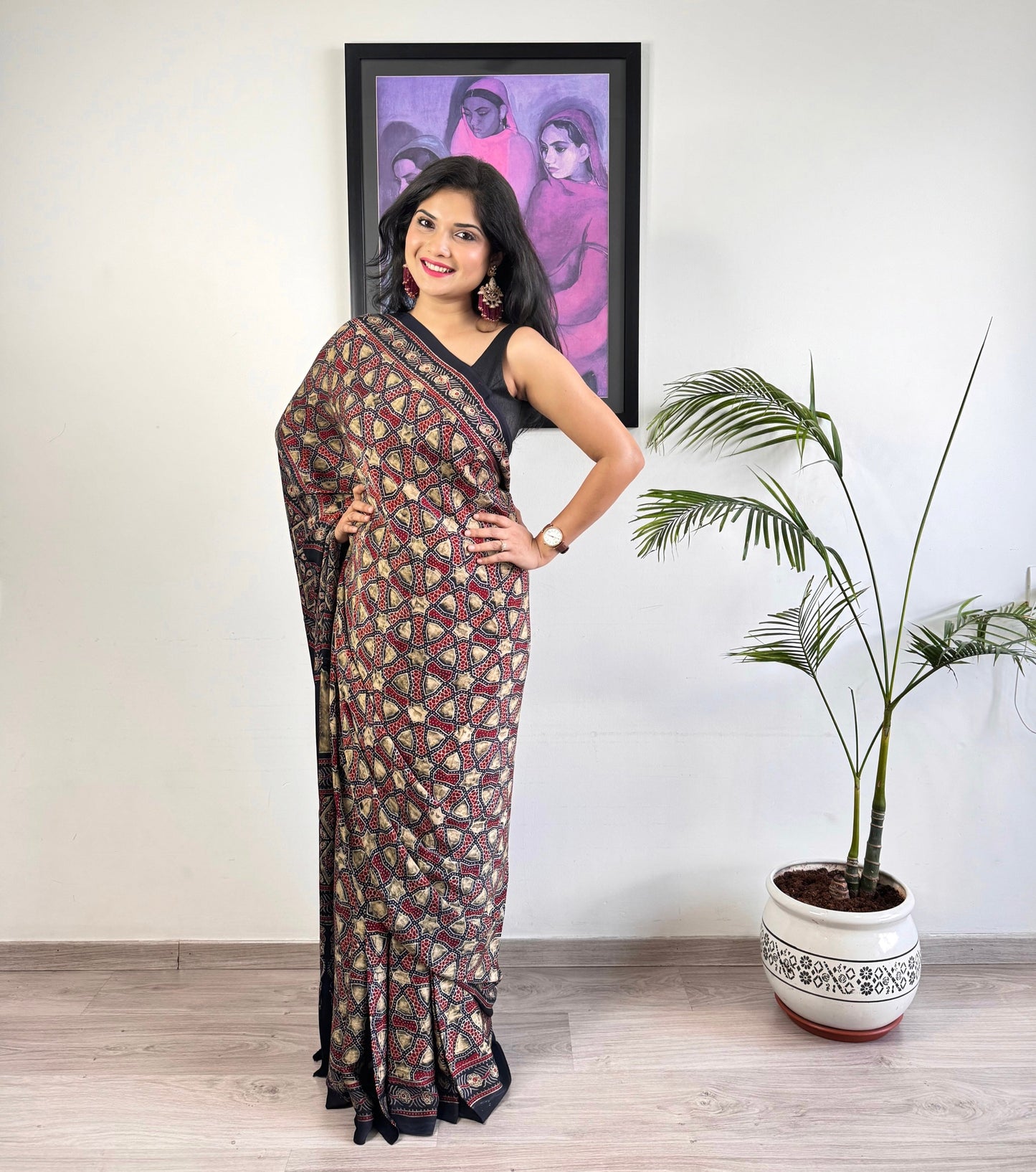 Modal Silk Ajrakh Saree - Black Grunge