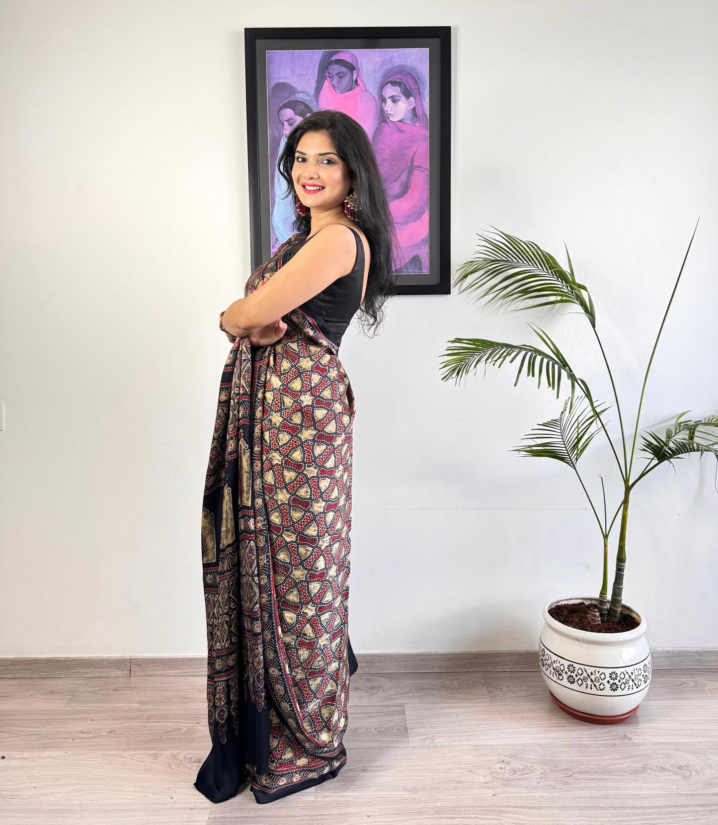 Modal Silk Ajrakh Saree - Black Grunge