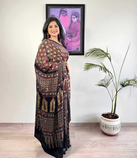 Modal Silk Ajrakh Saree - Black Grunge