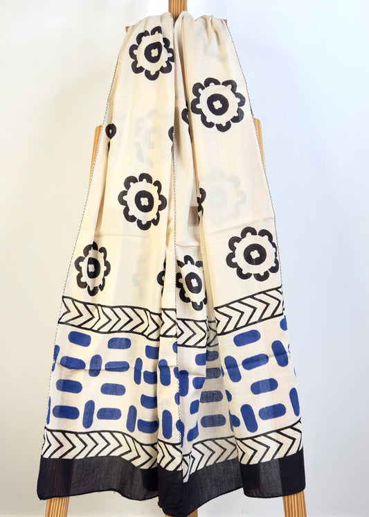 Raag 🪷 Mulmul Cotton Stoles ~ Flower & Capsules ~ Black & Blue