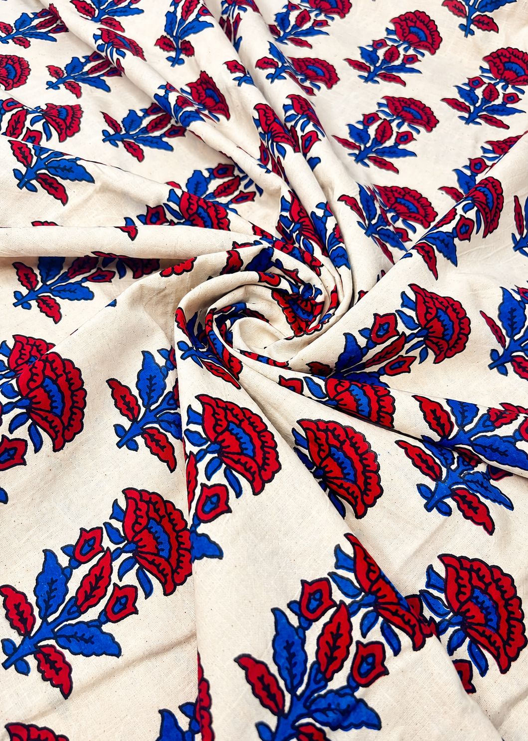 Ivory base w/ Ruby Red Flowers Ajrakh Fabric