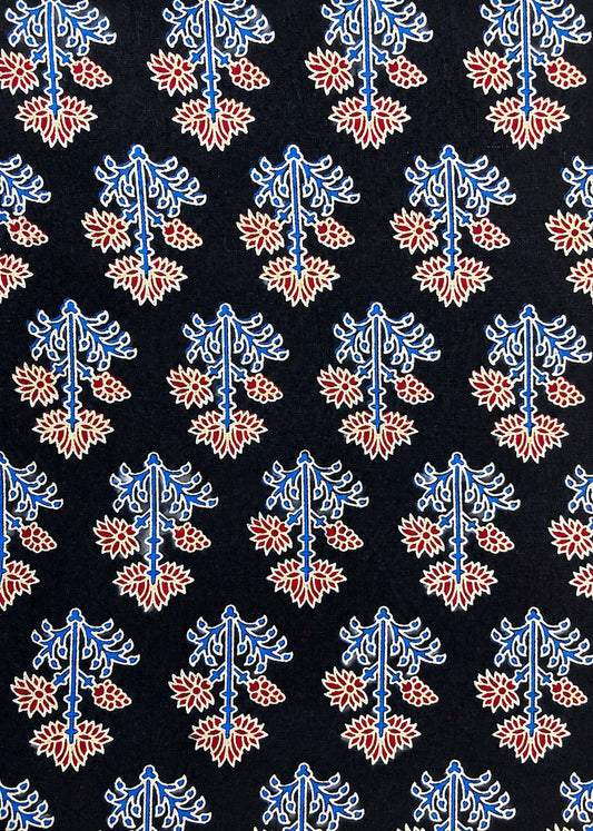 Black Base w/ Blue & Red Flowers Ajrakh Fabric