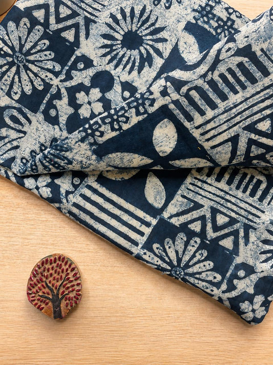 Indigo Base w/ Floral & Geometric Motifs Fabric