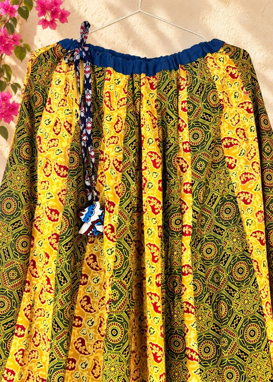 🌻Navrang ~ Ajrakh Skirt and Dupatta Set ~ Yellow & Blue w/ multicolor border