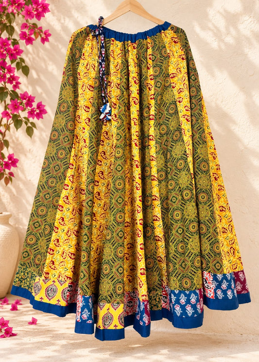 🌻Navrang ~ Ajrakh Skirt and Dupatta Set ~ Yellow & Blue w/ multicolor border